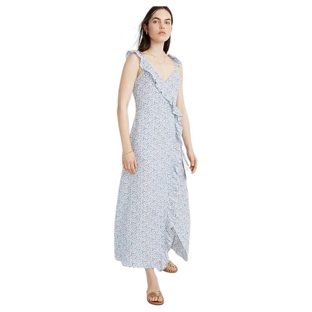 Madewell Blue White Americana Floral Sleeveless Ruffled Wrap Maxi Dress Size 6